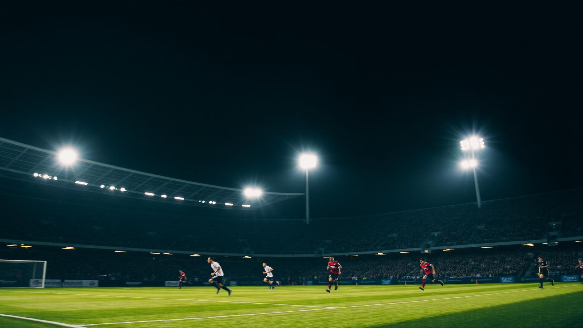 Floodlit football stadium with players in motion